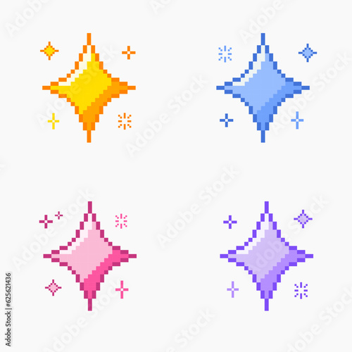 Glitter Stars, sparkling stars pixel art, Bright yellow pink purple blue sparkling pixel art set