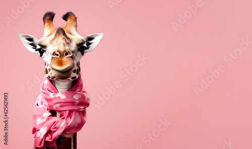Head of a funny giraffe with a scarf on a pink background.