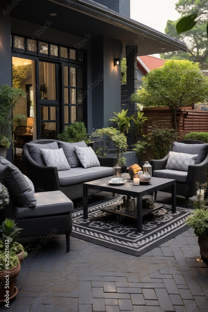 Obraz premium Patio with outdoor furniture and shrubs. Generative AI