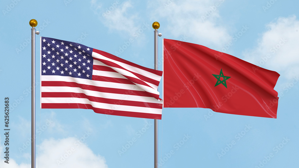 Waving flags of the United States of America and Morocco on sky background. Illustrating International Diplomacy, Friendship and Partnership with Soaring Flags against the Sky. 3D illustration.