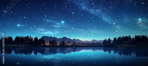 Starry night space above mountain landscape background. Generative AI technology. 