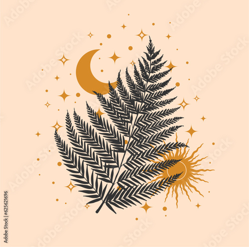 Moon with fern and stars. Hand drawn astrological symbol for printing on t-shirts and bags, decor element. Mystical and magical, astrological vector illustration