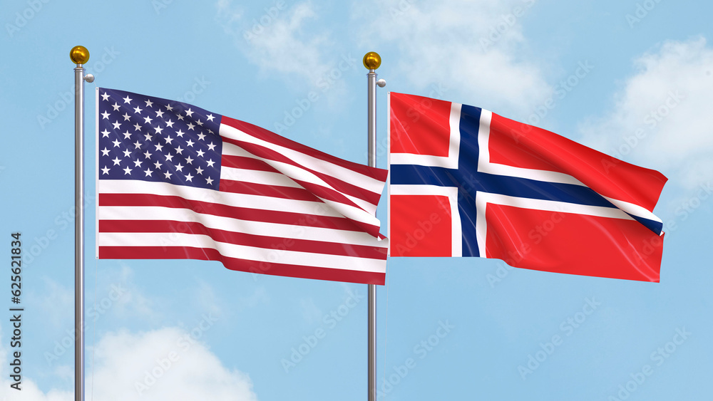 Waving flags of the United States of America and Norway on sky background. Illustrating International Diplomacy, Friendship and Partnership with Soaring Flags against the Sky. 3D illustration.