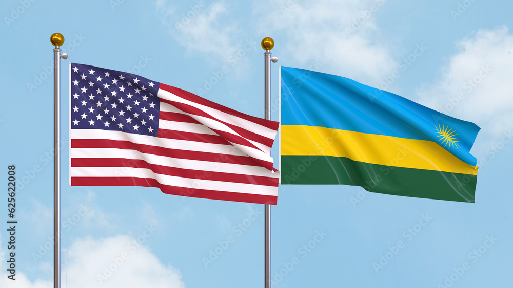 Waving flags of the United States of America and Rwanda on sky background. Illustrating International Diplomacy, Friendship and Partnership with Soaring Flags against the Sky. 3D illustration. Waving flags of the United States of America and Rwanda on sky background. Illustrating International Diplomacy, Friendship and Partnership with Soaring Flags against the Sky. 3D illustration.