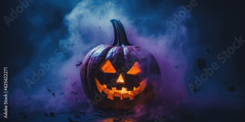Halloween concept - pumpkin with a scary luminous face in smoke and neon light background, dark, Copy space, generative ai © OP38Studio