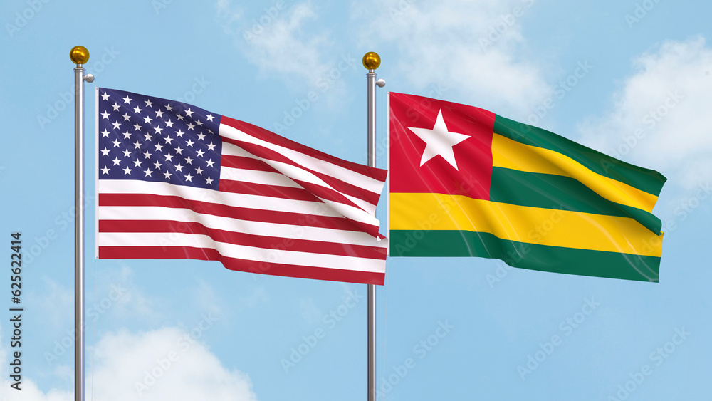 Waving flags of the United States of America and Togo on sky background. Illustrating International Diplomacy, Friendship and Partnership with Soaring Flags against the Sky. 3D illustration. Waving flags of the United States of America and Togo on sky background. Illustrating International Diplomacy, Friendship and Partnership with Soaring Flags against the Sky. 3D illustration.