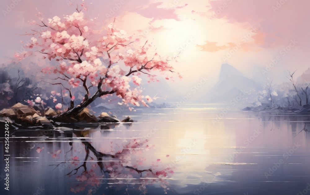 A futuristic landscape adorned with pink blossoms in the morning light.