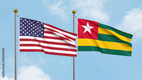 Waving flags of the United States of America and Togo on sky background. Illustrating International Diplomacy, Friendship and Partnership with Soaring Flags against the Sky. 3D illustration.