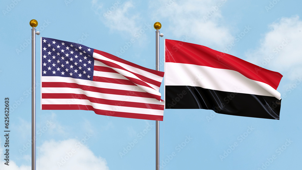 Waving flags of the United States of America and Yemen on sky background. Illustrating International Diplomacy, Friendship and Partnership with Soaring Flags against the Sky. 3D illustration.