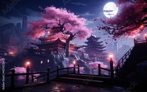 Chinese temple at night with blossom trees.