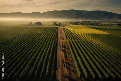 Aerial View Of Grape Harvesters In The Winelands. Generative AI