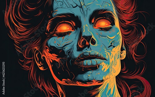 Cyan monotone illustration of zombie with orange eyes.