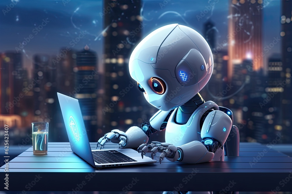 Futuristic robot typing and learning with laptop, chat bot. Generative AI Futuristic robot typing and learning with laptop, chat bot. Generative AI