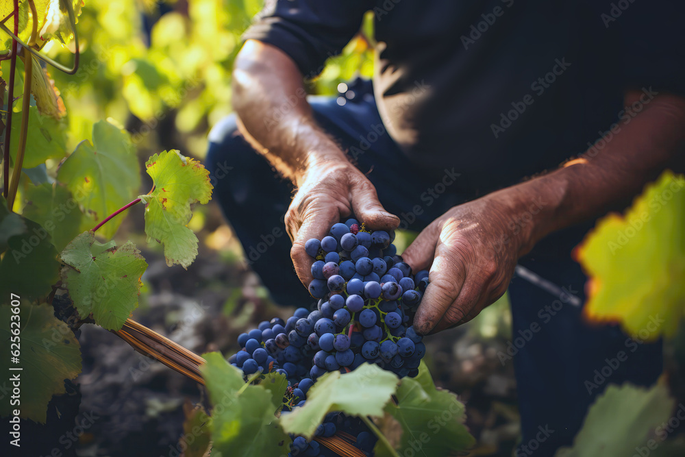 Hands Picking Ripe Black Grapes During Grape Harvest. Generative AI