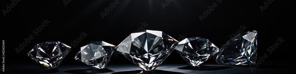 Radiant Diamonds On Velvet Black Background. Panoramic Banner. Generative AI Radiant Diamonds On Velvet Black Background. Panoramic Banner. Generative AI