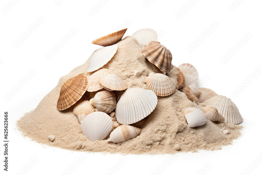 Pile Of Beach Sand With Seashells On White Background. Generative AI Pile Of Beach Sand With Seashells On White Background. Generative AI