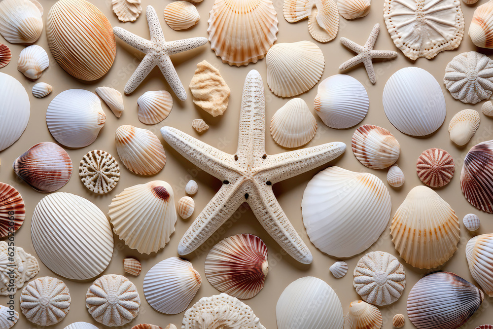 Seashells Arranged Artistically On The Sandy Surface. Generative AI
