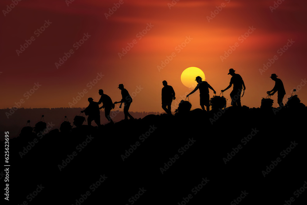 Silhouettes Of People Carrying The Grape Harvest At Sunset. Generative AI