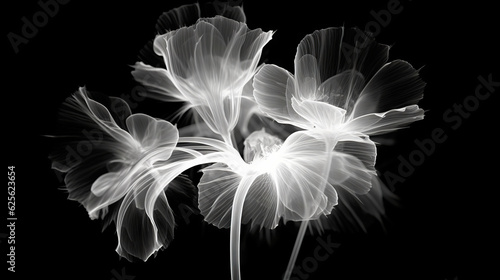 Monochrome x-ray image of a ethereal flower on black. Fantasy mystical blossom. Generative AI photo