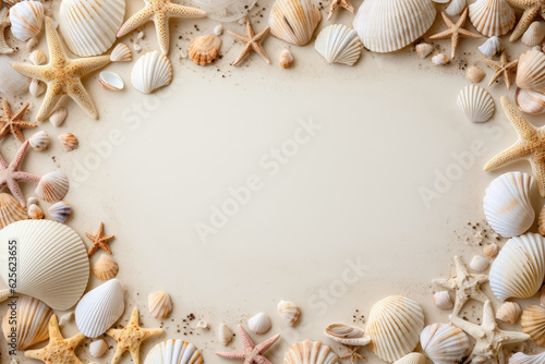 Seashells And Sand Forming Border Frame. Generative AI