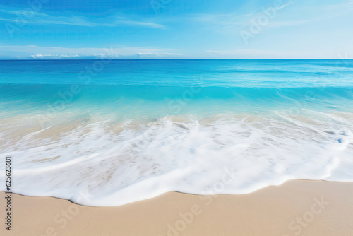 Soft Wave Of Blue Ocean On Sandy Beach. Copy Space. Generative AI