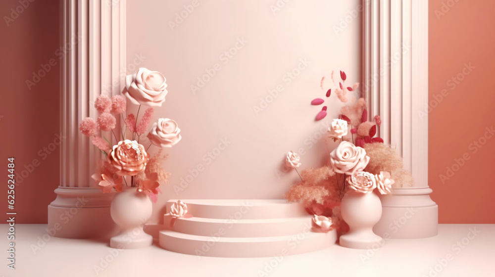 Podium with pink roses on pastel pink background to display products, gift or cosmetics. Generative AI