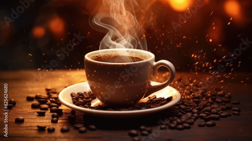 Hot coffee cup and coffee beans background with place for text