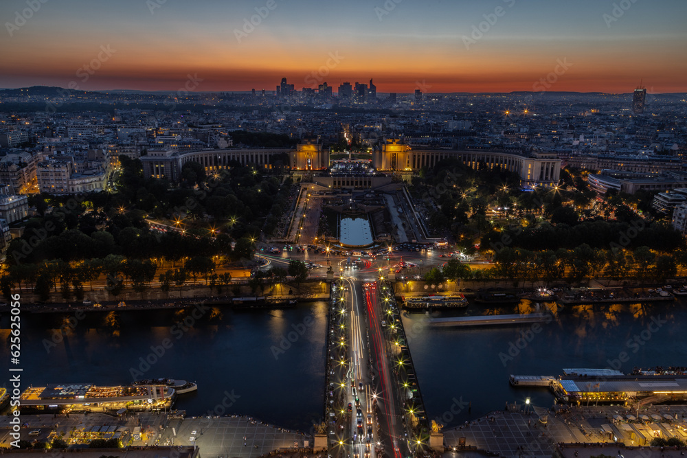 sunset view from Eifel tower towards the west, over Trocadero and towards La Defense in the summer evening 
