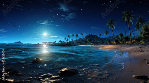 Panorama of a beach with bioluminescent plankton that makes the water glow at night, creating a magical. Generative AI