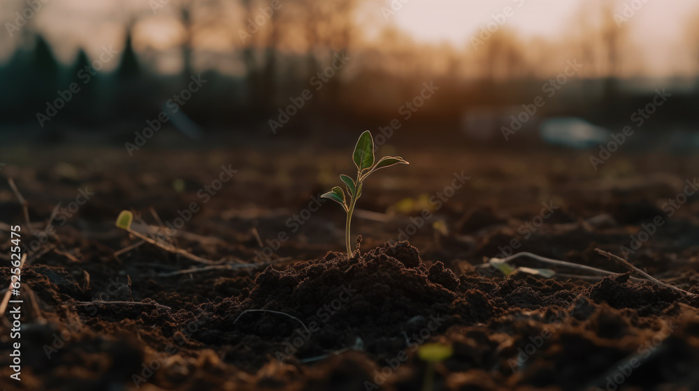 Fototapeta premium Little green sprout appearing from the ground. Awakening of the nature in spring. Sunset at backdrop