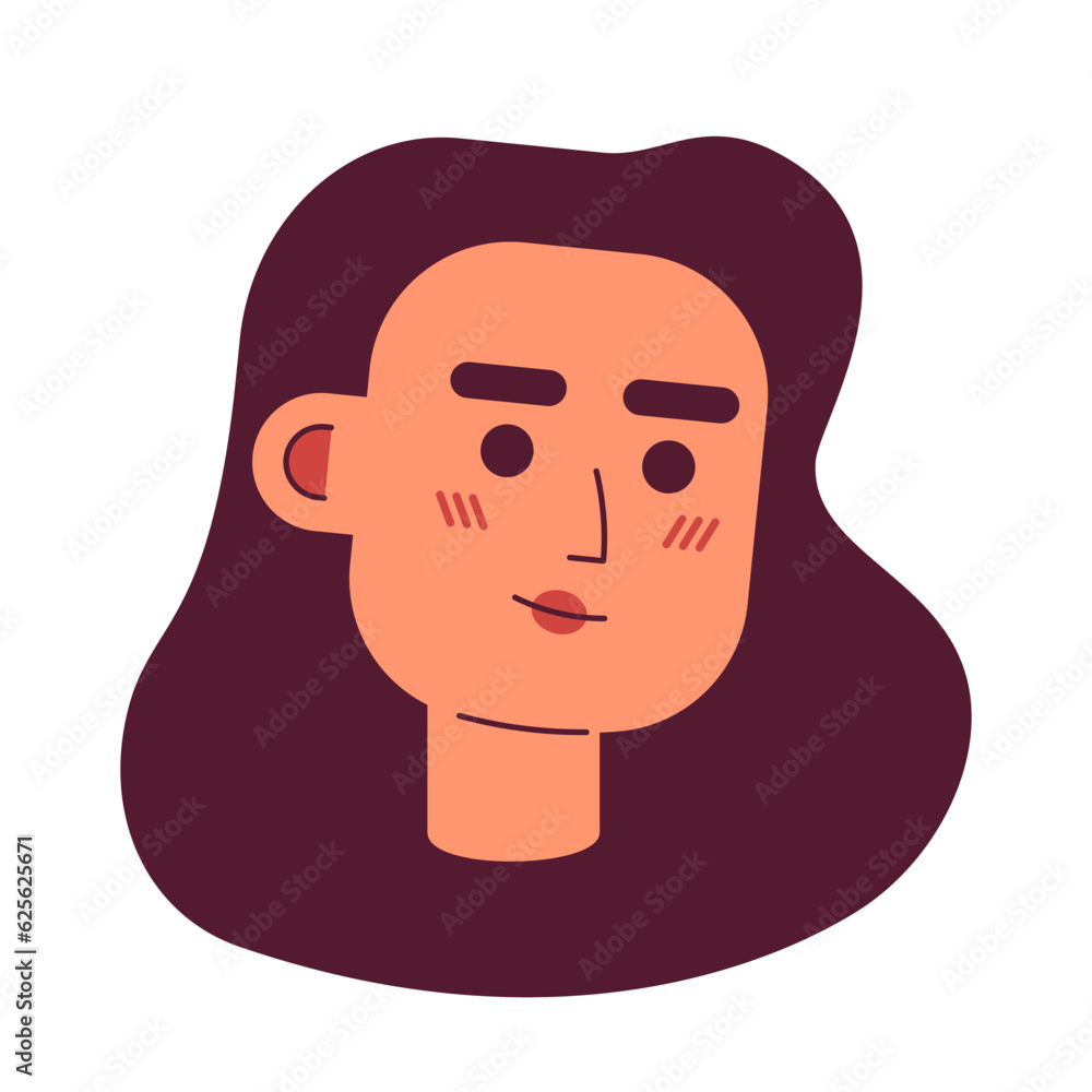 Pretty caucasian woman with long brunette hair semi flat vector character head. Editable cartoon avatar icon. Face emotion. Colorful spot illustration for web graphic design, animation