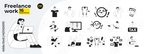 Freelance work monochrome concept vector spot illustrations bundle. Hardworking and frustrated 2D flat bw cartoon characters for web UI design. Isolated editable hand drawn hero image collection