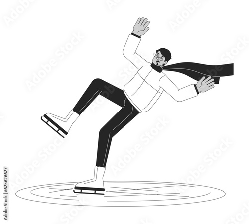 Perplexed man in scarf on ice rink flat line black white vector character. Editable outline full body man skates and falls on white. Simple cartoon isolated spot illustration for web graphic design