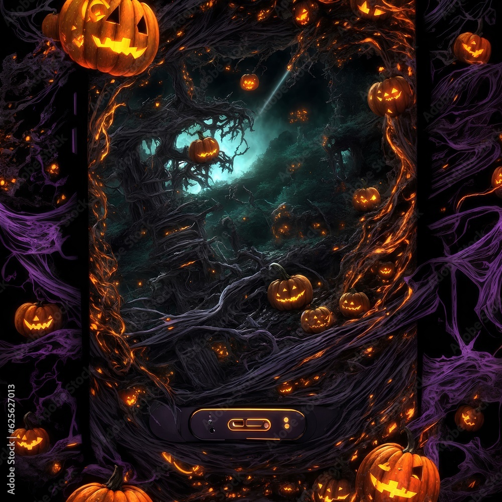 A spooky card with branches all over it hanging spooky pumpkins 