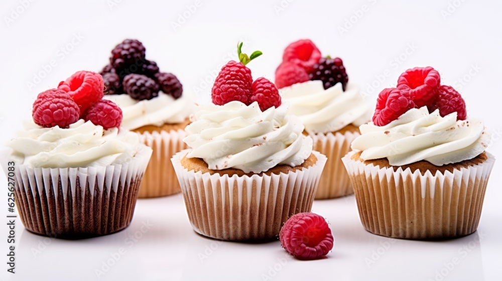 Illustration of delicious cupcakes with creamy white frosting and fresh raspberries on top created with Generative AI technology Illustration of delicious cupcakes with creamy white frosting and fresh raspberries on top created with Generative AI technology
