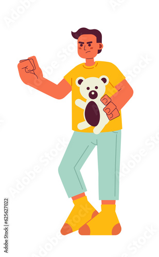 Angry preteen boy with stuffed bear threatening semi flat color vector character. Boy stealing toy. Editable full body person on white. Simple cartoon spot illustration for web graphic design