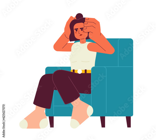 Exhausted woman in armchair semi flat color vector character. Hispanic girl holding head in stress. Editable full body person on white. Simple cartoon spot illustration for web graphic design