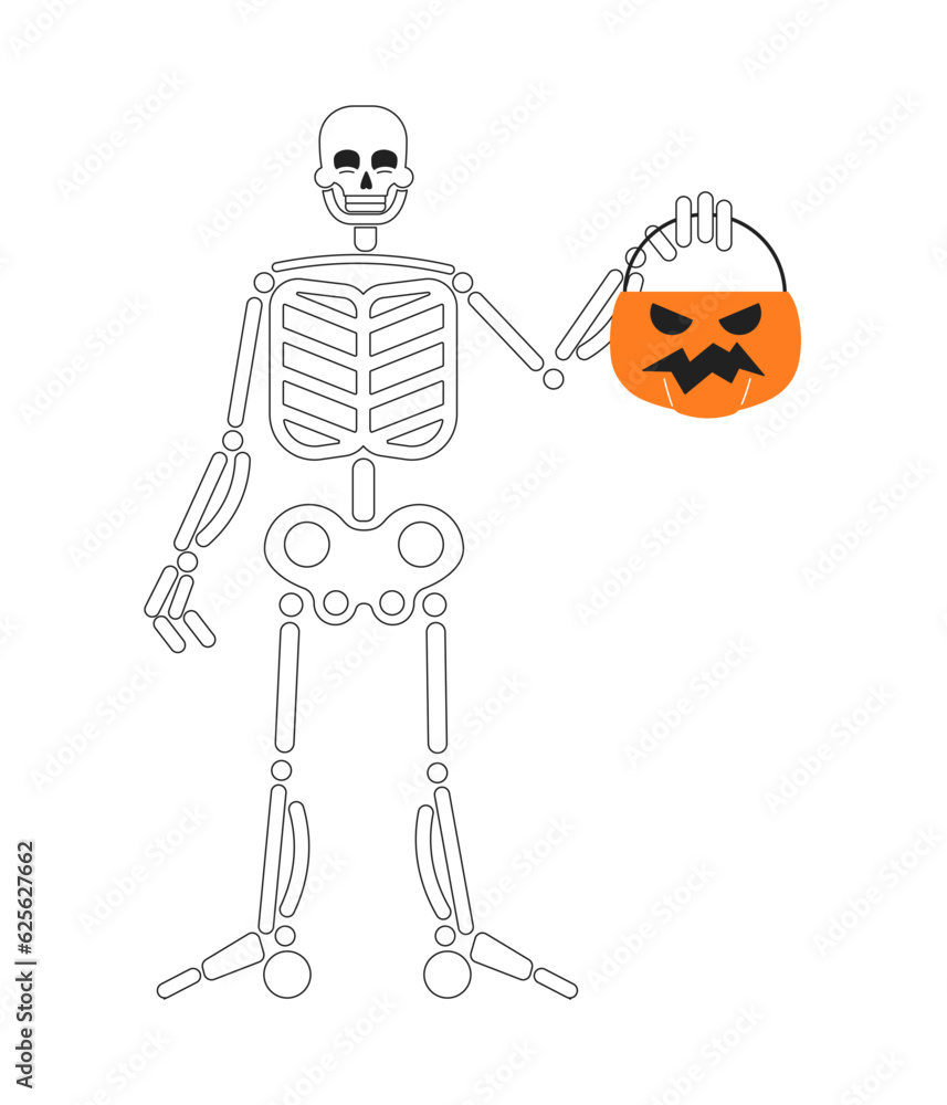 Happy halloween skeleton monochrome concept vector spot illustration. Helloween candy bucket 2D flat bw cartoon character for web UI design. Skeleton trick isolated editable hand drawn hero image