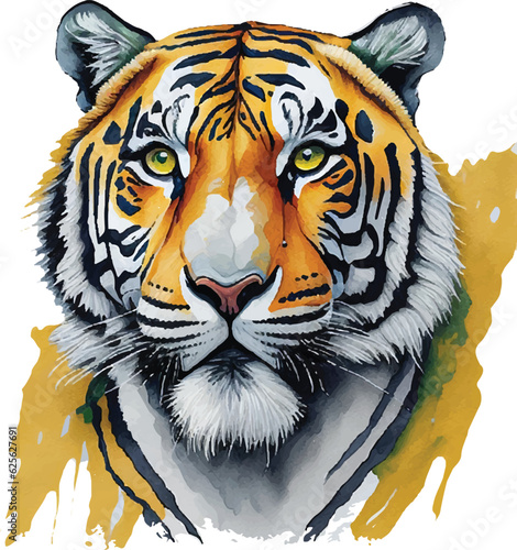 Close-up of colorful painted Tiger face in watercolor  Realistic wild animal illustration. Hand painted on paper  realistic artistic painting on white background
