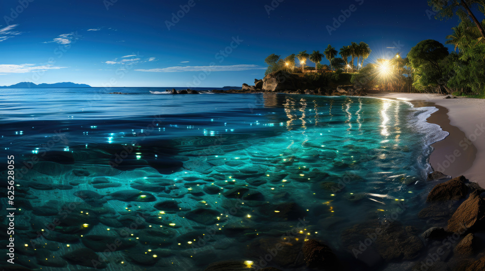 Panorama of a beach with bioluminescent plankton that makes the water glow at night, creating a magical. Generative AI
