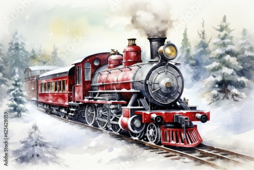A painting of a train traveling through a snowy forest. Generative AI. Christmas steam train. .