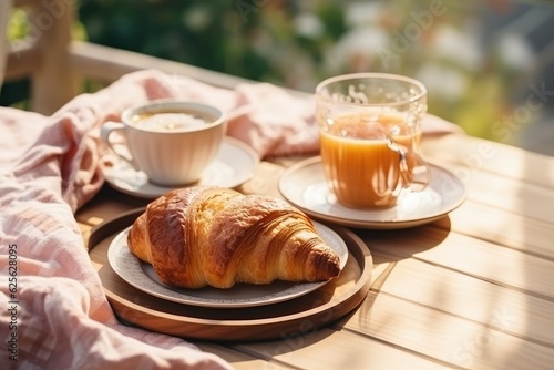 delicious breakfast croissant and coffee on a wooden tray