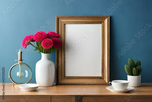 Wooden frame mockup on shelf over blue wall with flowers in vase and cactus, blank vertcal frame with copy space photo