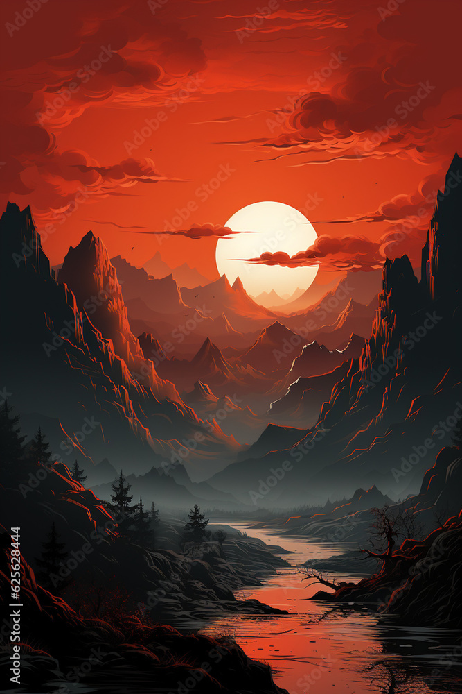 red background with mountains and sky,