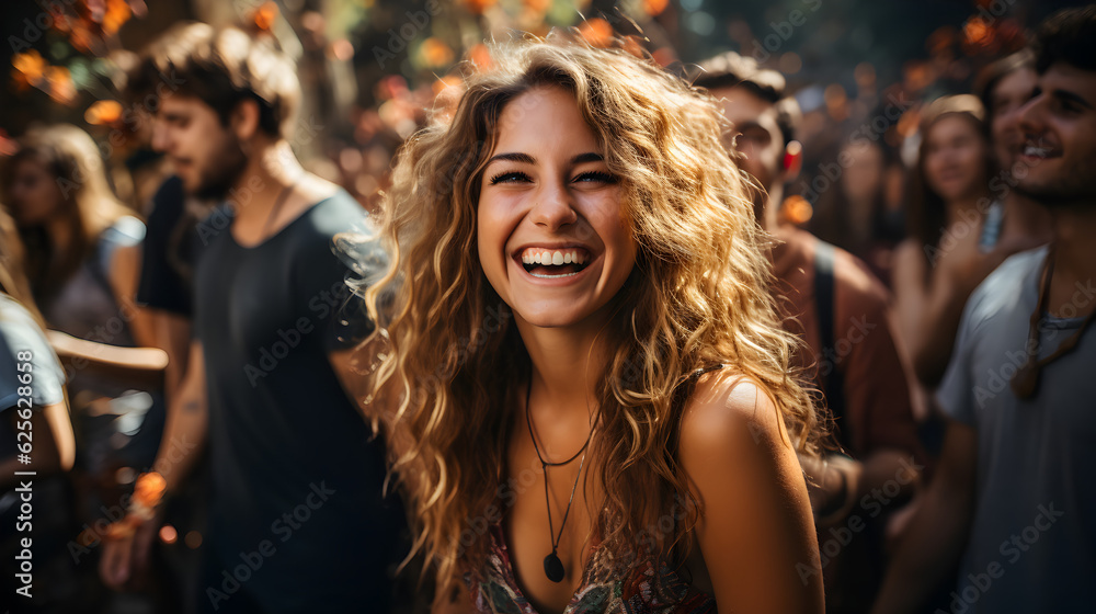 young women smiling at the festival background Generative AI