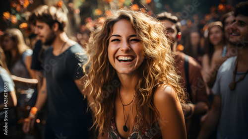 young women smiling at the festival background Generative AI