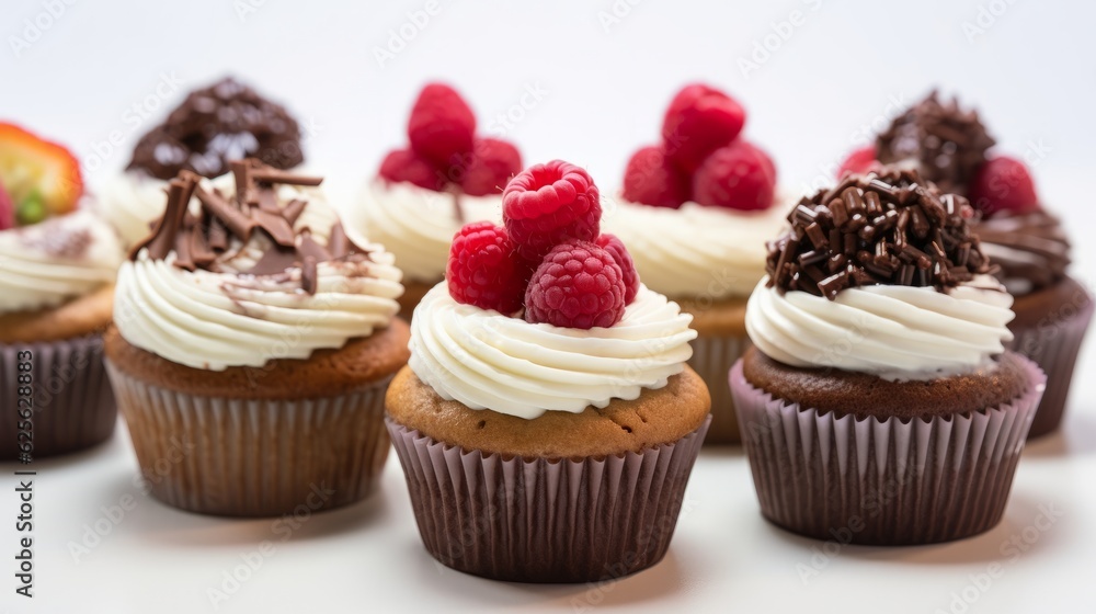 Illustration of delicious cupcakes with creamy white frosting and fresh raspberries on top created with Generative AI technology