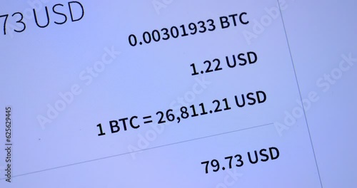 The computer screen displays live bitcoin cryptocurrency sales converting to USD price increases and decrease - fluctuance of the currency photo