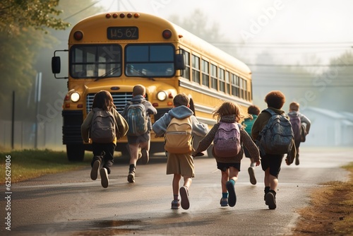 kids children running back to school yellow school bus