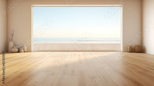 Empty apartment room with wooden floor of beach house. Sea view from windows. Copy space. Generative AI